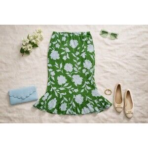 Kate Spade New York Linen Blend Floral A-Line Skirt Green Flounce Hem Size S